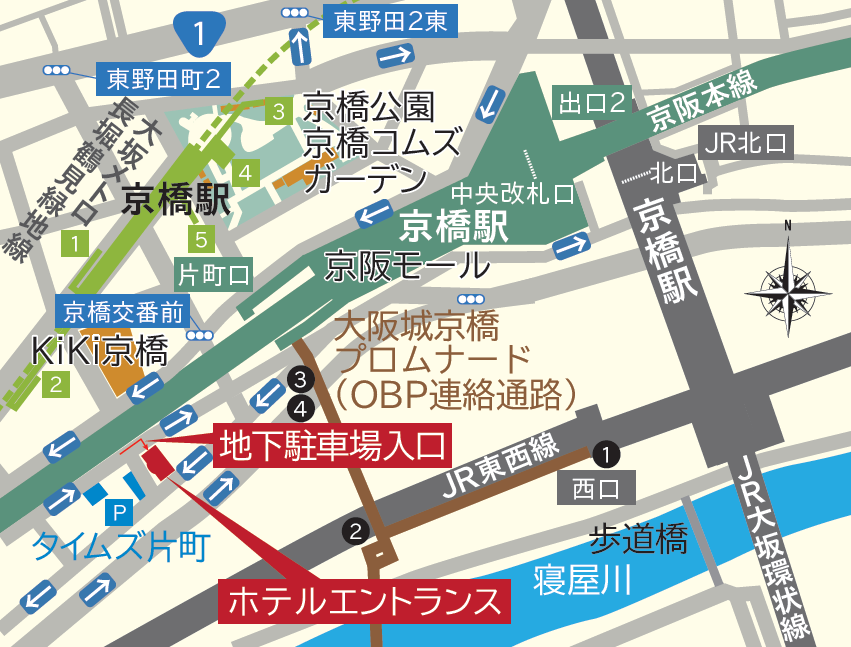 JR京橋駅から西出口を出てOBP連絡通路（大阪城京橋プロムナード）経由で大阪シティホテル京橋へお越しになる場合のルート。